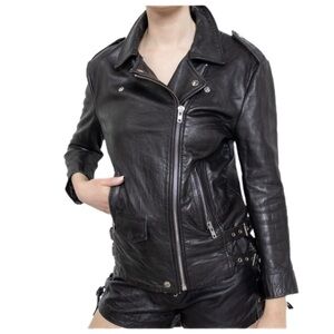 Oak Leather Cropped Moto Jacket in Black Silver Zipper Detailing Size XS